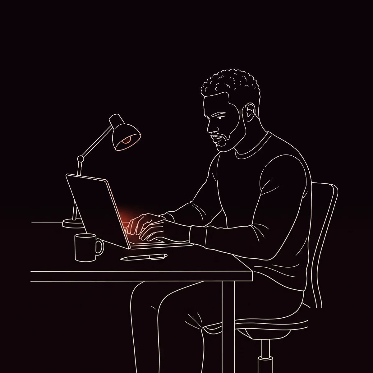 Ilustração em traço de Caio trabalhando no laptop